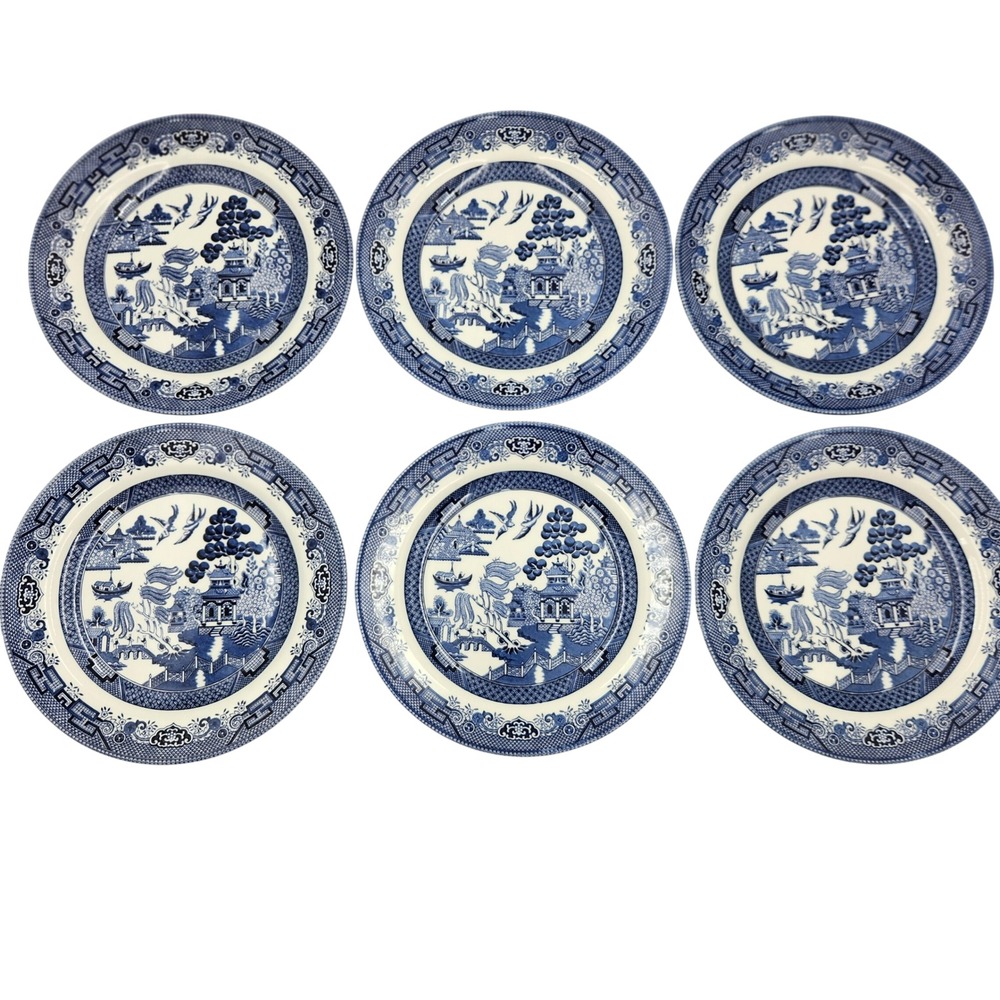 Churchill Blue Willow Dinner Plates Set of 6 Made in England 10.25 in Ironstone